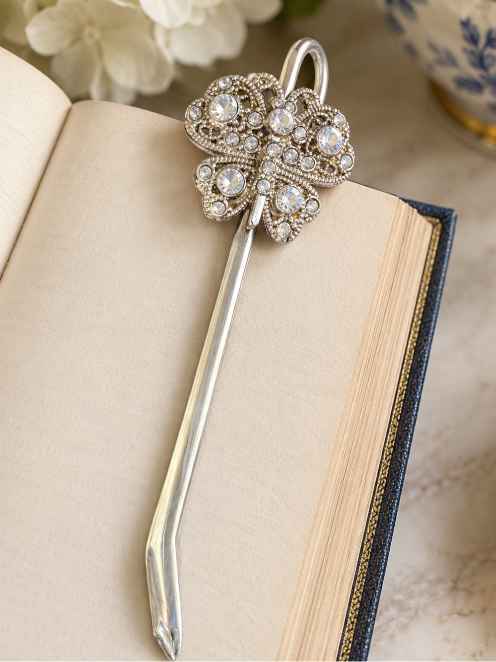 Vintage Rhinestone Butterfly Silver Tone Metal Bookmark Jeweled Book Lover Gift